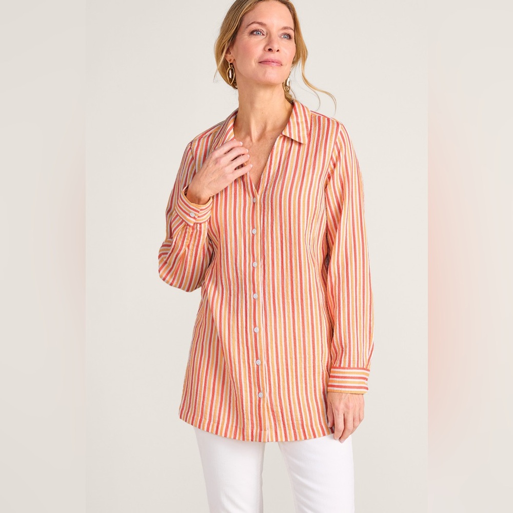 Soft Surroundings Long Sleeve Escambia Gauze Tunic Top - Orange Stripe - M